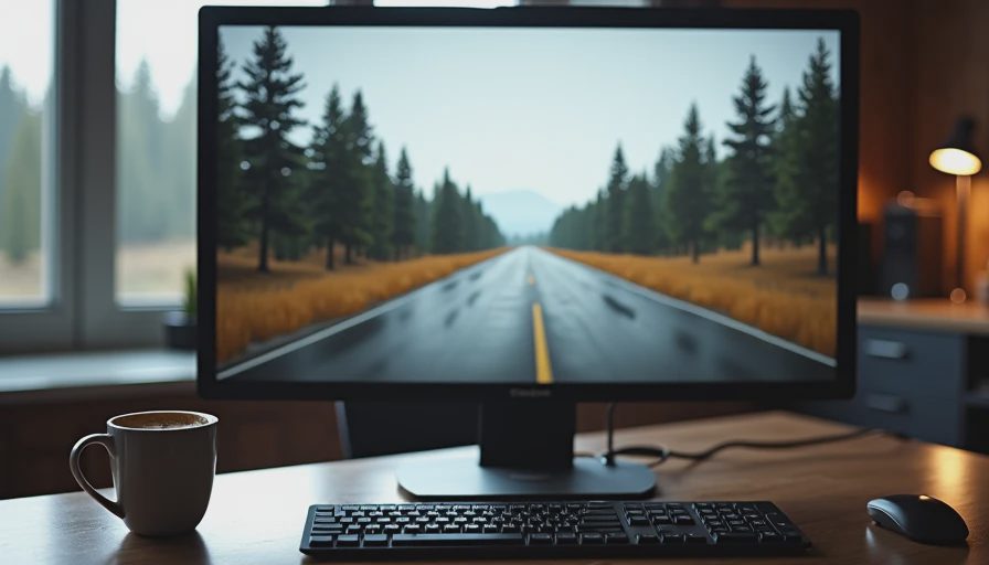 A documentary shot of a computer monitor displaying an empty and long open-world road in a dark room.