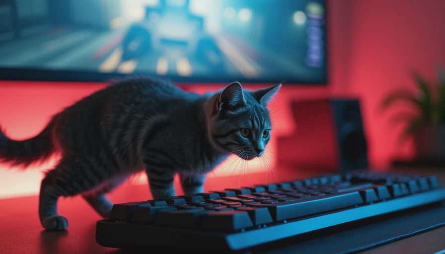 A documentary photo of a gray cat walking across a computer keyboard next to a monitor showing game testing footage.