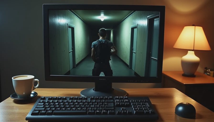 A documentary shot of a computer monitor displaying an over-the-shoulder horror game view in a dark room.