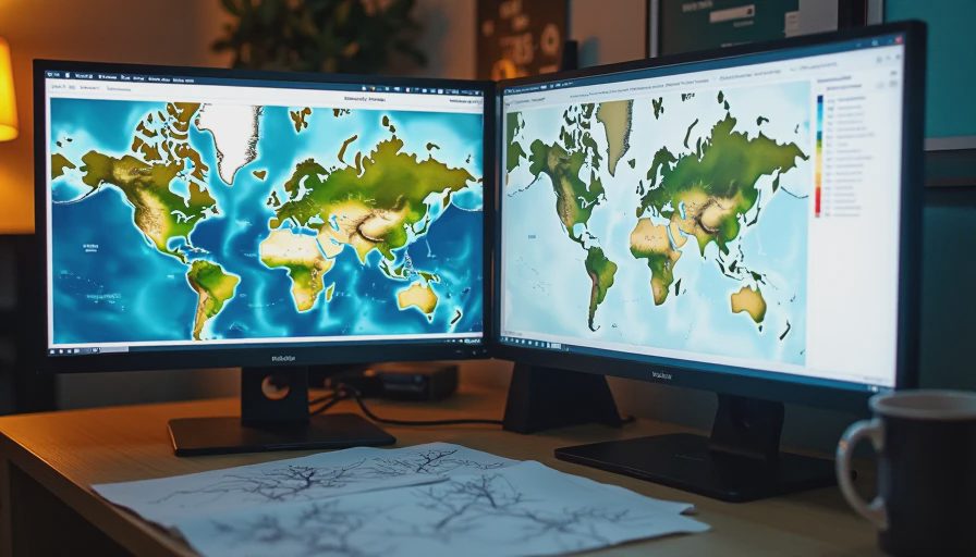 A documentary photo of a computer screen showing game map overview and route analysis windows on a desk.
