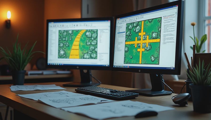A documentary photo of a computer screen showing game level design layout graphs and debug windows on a desk.
