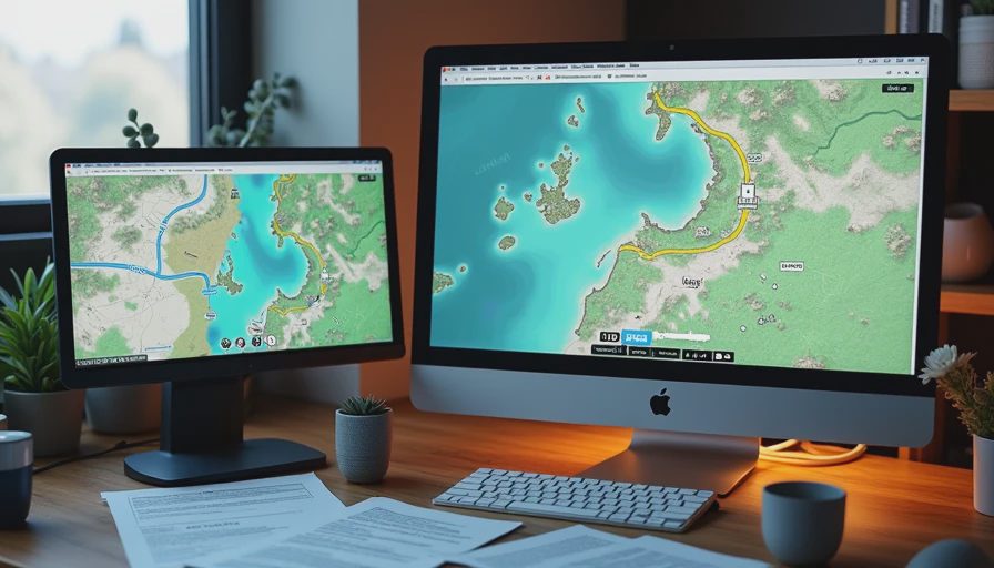 A documentary photo of a computer screen showing a fast-travel map interface and route analysis windows on a desk.