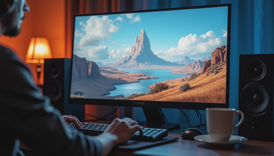 A documentary shot of a computer monitor displaying an open-world exploration scene in a dark room.
