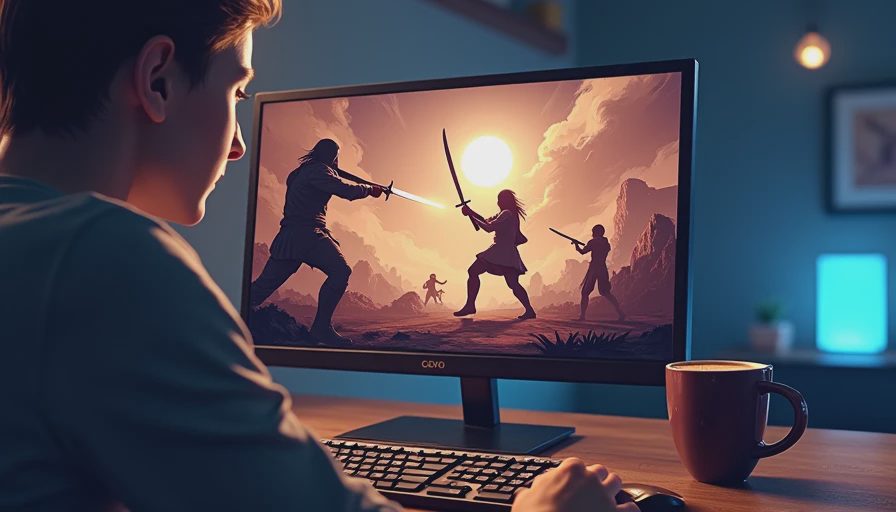 A documentary shot of a computer monitor displaying an action RPG character mid-action in a dark room.