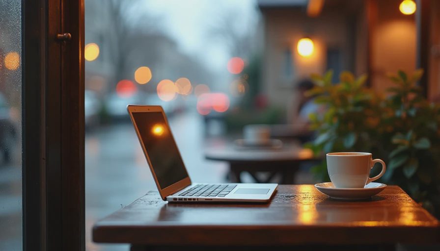 A documentary-style image of a laptop and a coffee cup on a table inside a quiet suburban cafe looking out a window.