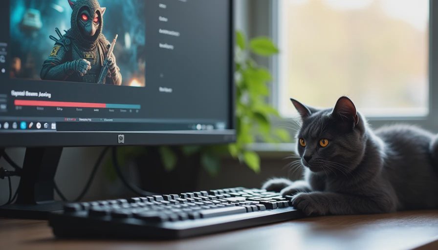 A documentary photo of a gray cat resting next to a monitor displaying game testing footage on a wooden desk.