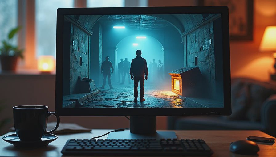 A documentary shot of a computer monitor displaying an RPG character standing before a glowing chest in a cleared room.