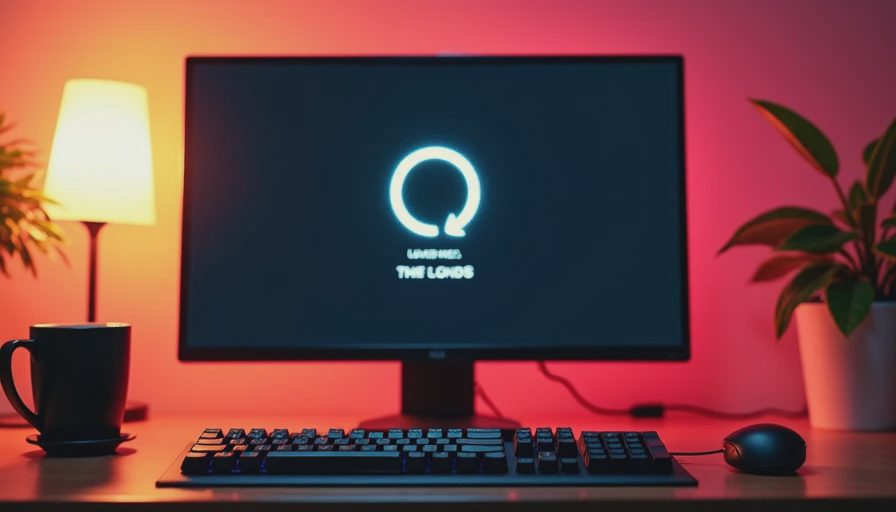 A documentary shot of a computer monitor displaying a game loading screen with a spinning icon in a dark room.
