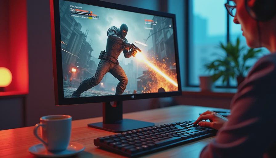 A documentary shot of a computer monitor displaying an action RPG combat moment in a dark room.